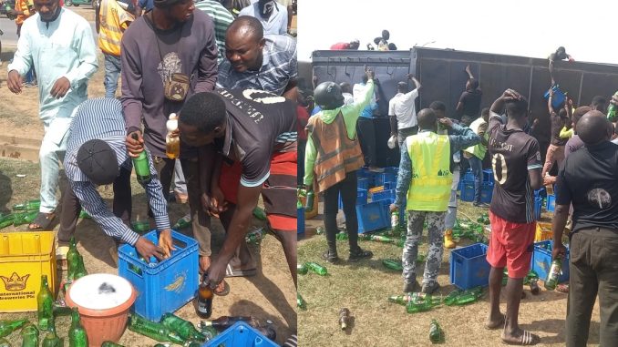 Abuja Residents Gather For An Unplanned Bǝǝr Party After Truck Loaded With Bǝǝr Crates Crashes (PICTURES)