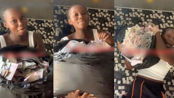 Netizens React As Lady Flaunts Pile Of Cash She Claimed To Have Picked At The Club (WATCH)