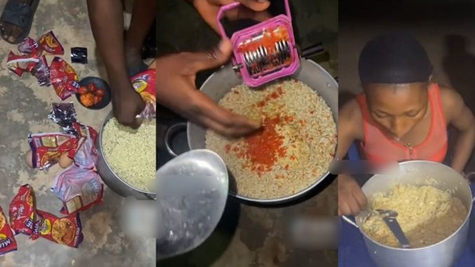 Nigerian Lady Shocks Viewers Online With Her Superhuman Eating Skills, As She Devours 10 Packs Of Noodles In One Sitting (WATCH)