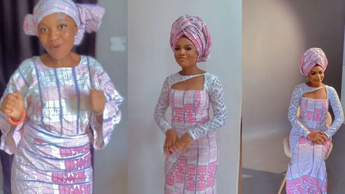 Nigerian Lady Stuns Netizens As She Transforms Her Grandmother's 80's Aso oke Into A Beautiful Gown For Her 25th Birthday (WATCH)