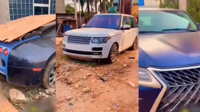 Nigerians Puzzled As Wrǝcked Bugatti And Costly Vehicles Were Spotted In A Compound (VIDEO)