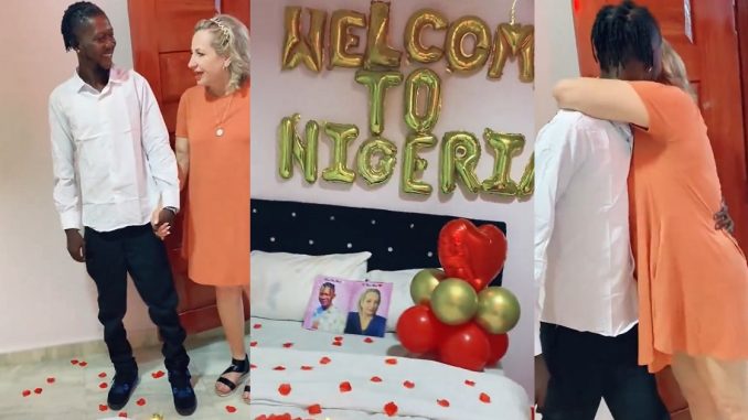 Netizens gush as man welcomes his Caucasian partner to Nigerian (VIDEO)