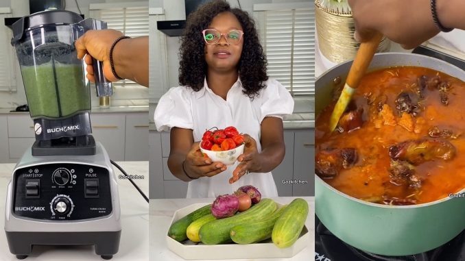 Lady makes tomato 'powerless' as she prepares a large pot of cucumber stew (VIDEO)