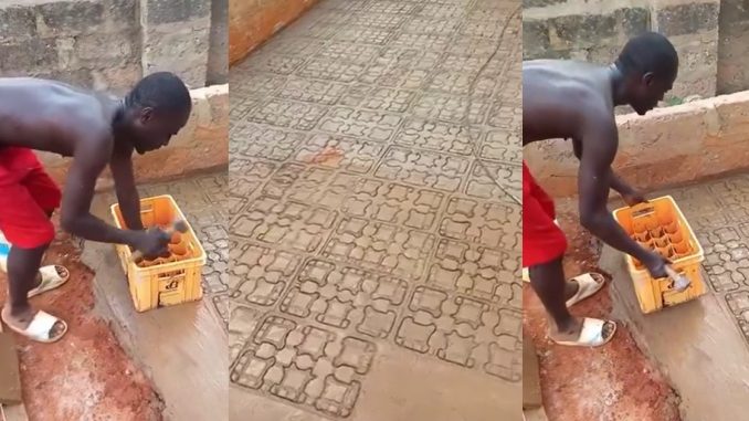 "Omo e con be like Inter lock" – Bricklayer wows many as he creates interlock design with mineral crate (WATCH)