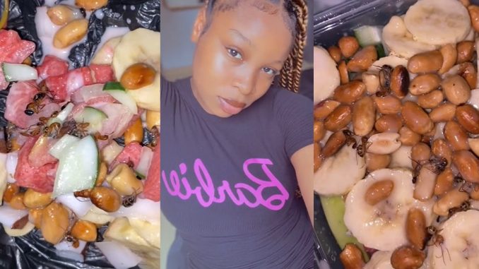 "na toppings e dey sweet eat am" – Nigerian lady cr!es out after discovering ants inside the fruit salad she ordered (VIDEO)