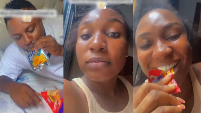 "No worry 9months no far" – Hilarious moment married couple enjoys some me-time with snacks while their children are at school (WATCH)