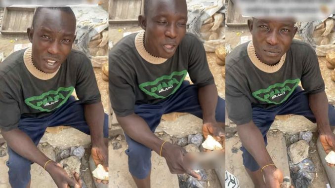 "Na so country hard reach" – Nigerian lady queries potato vendor for eating raw sweet potato at the market (WATCH)