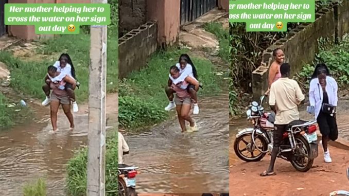 Hearts melt as mother helps daughter cross the water on her sign-out day (VIDEO)