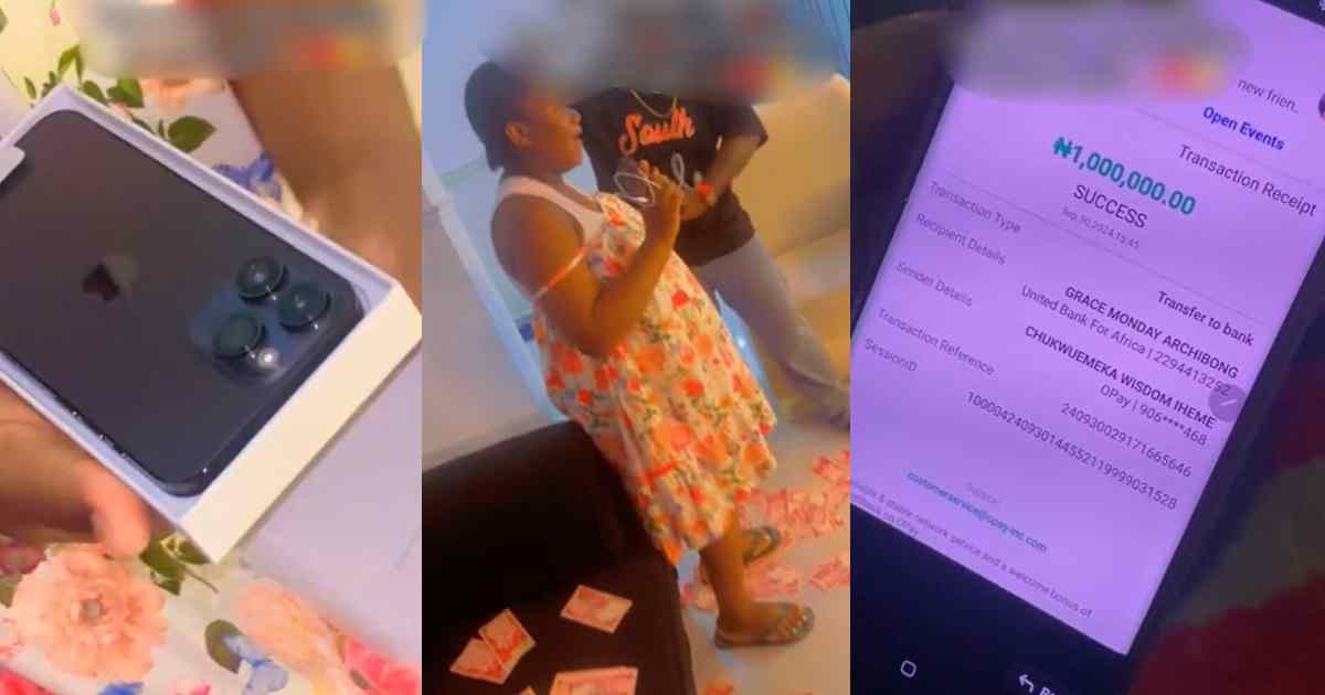 "Some men are so international about their wives" – Man gifts his wife an iPhone 14 Pro Max, ₦1M as push gift (WATCH)