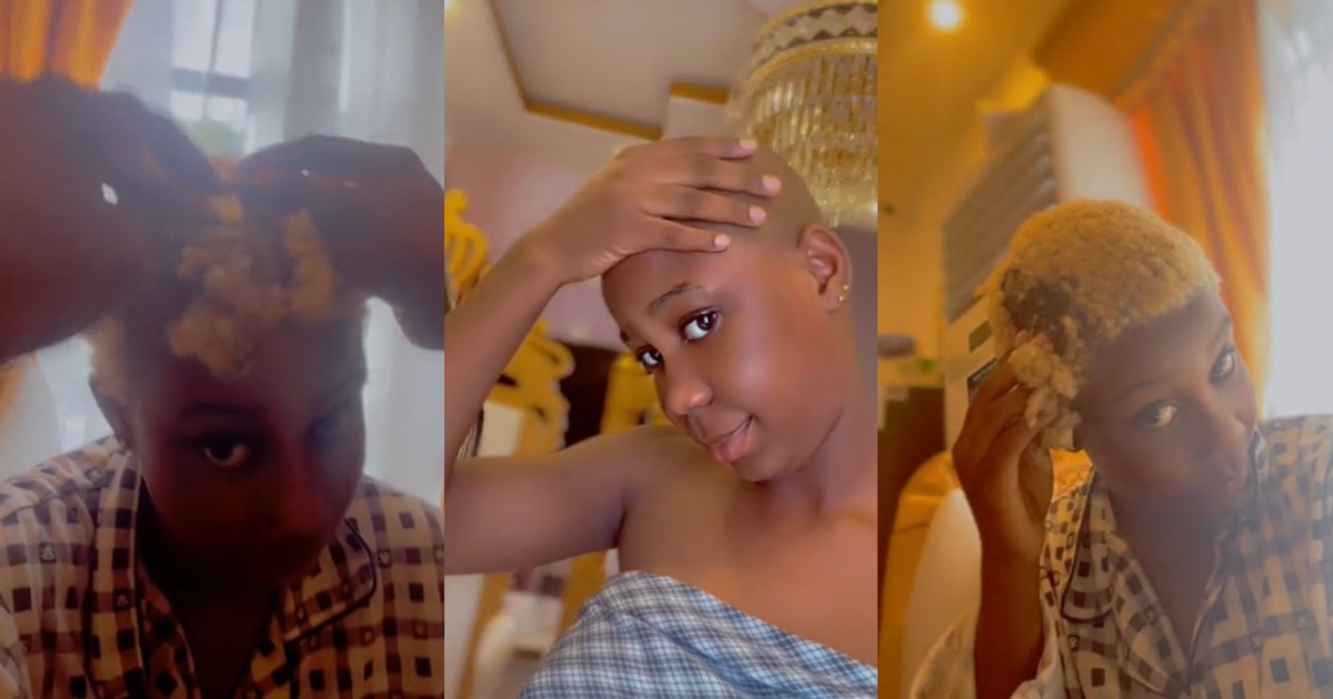 Nigerian man goes the extra mile as he shaves lady's coloured hair (VIDEO)