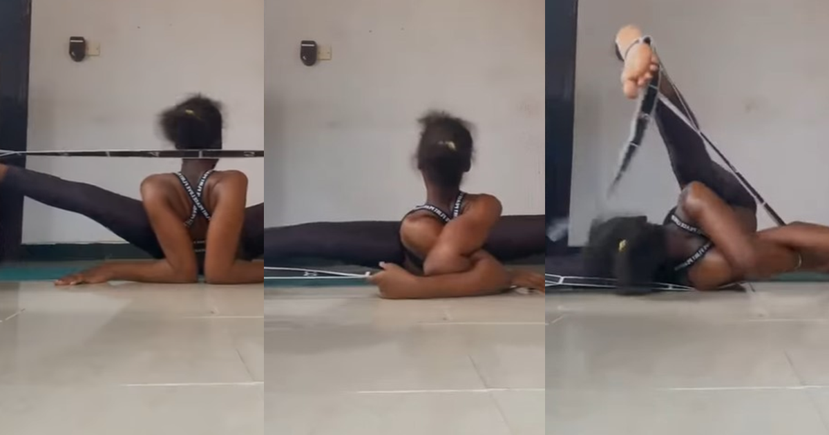 Nigerian lady stuck in contorted pose during stretch exercise (WATCH)