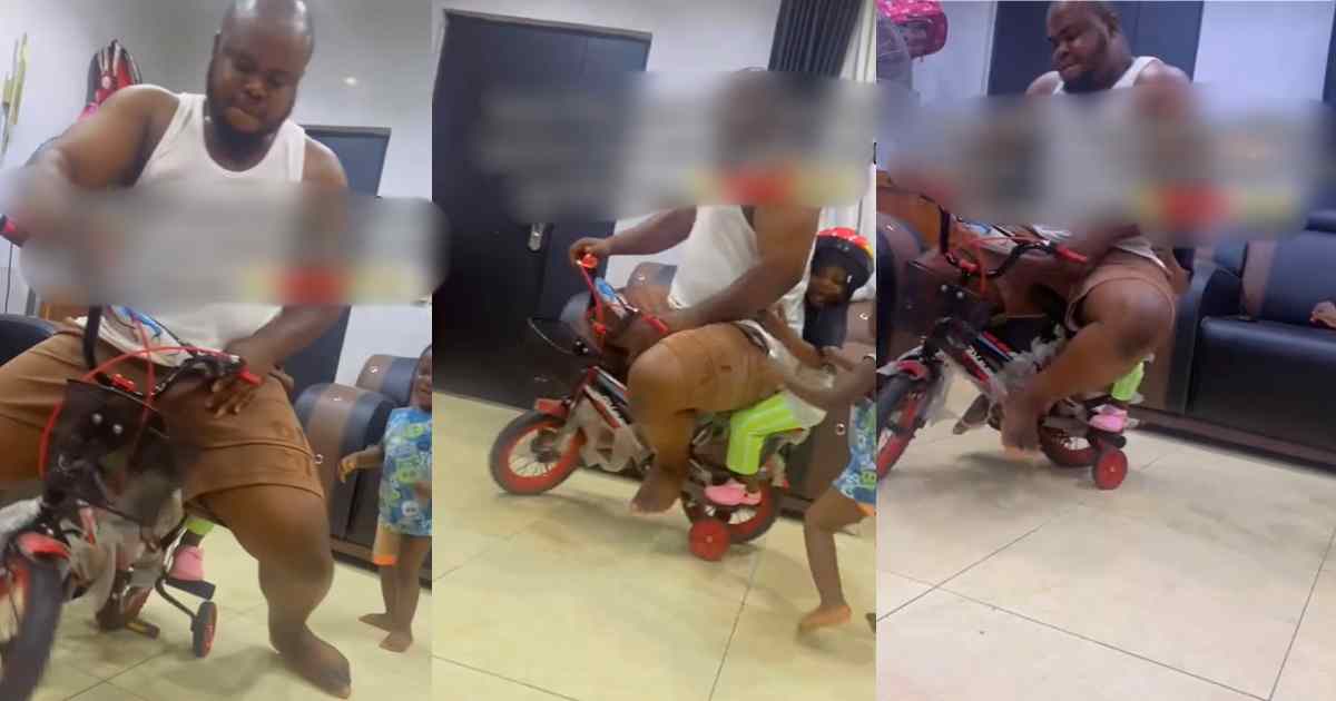 Nigerian man rides a bicycle with children, shows off paternal love (VIDEO)