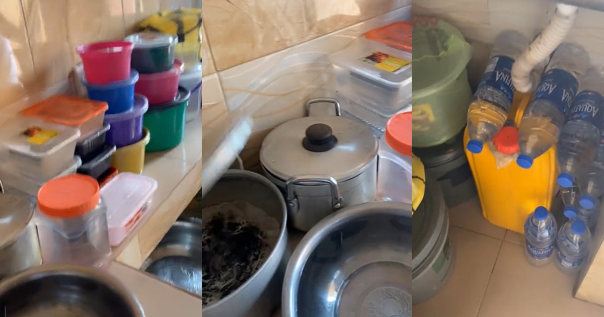 "Na only spoon wey this girl no fill up" – Female resident utilizes every container for water storage amidst 1-week black0ut (WATCH)