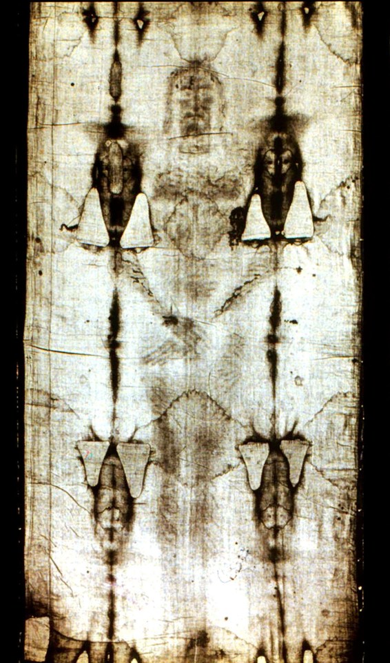 The full-body imprint on the Shroud shows a bearded man with his hands crossed over his lap