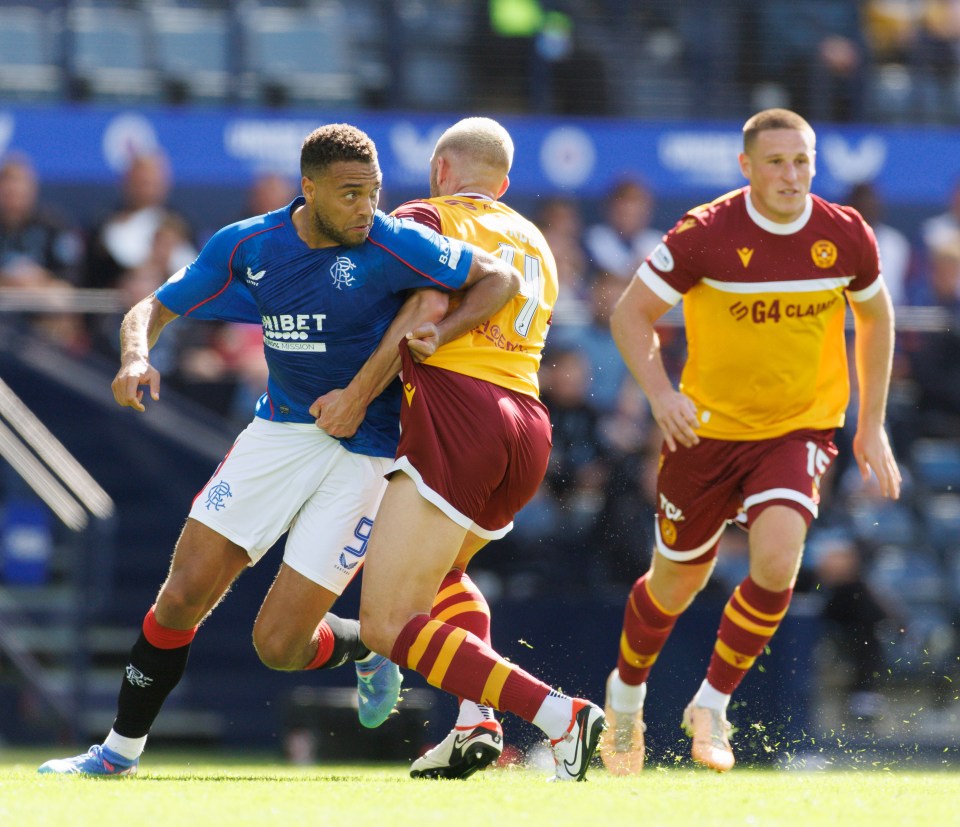 10.08.2024: Rangers v Motherwell, Hampden Park: Cyriel Dessers and Liam Gordon