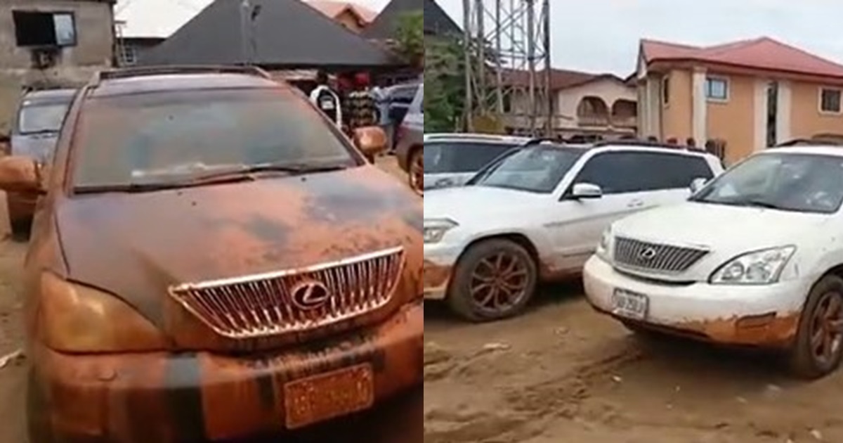 Groom's convoy cars splattered with mud stains en route to bride's house sp@rks reactions at wedding (WATCH)