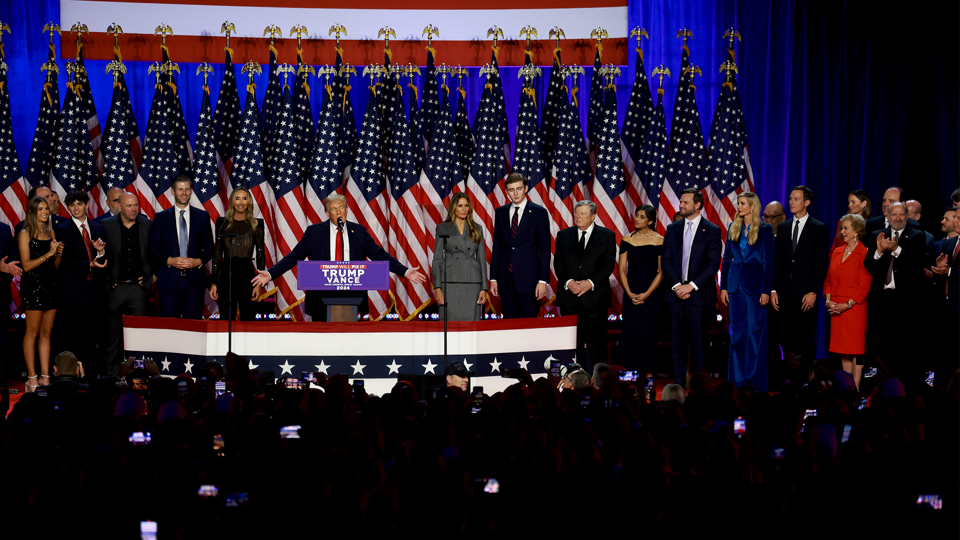 Donald Trump joined by sports chief worth $500million on stage after election win as fans joke 'he's so thirsty'