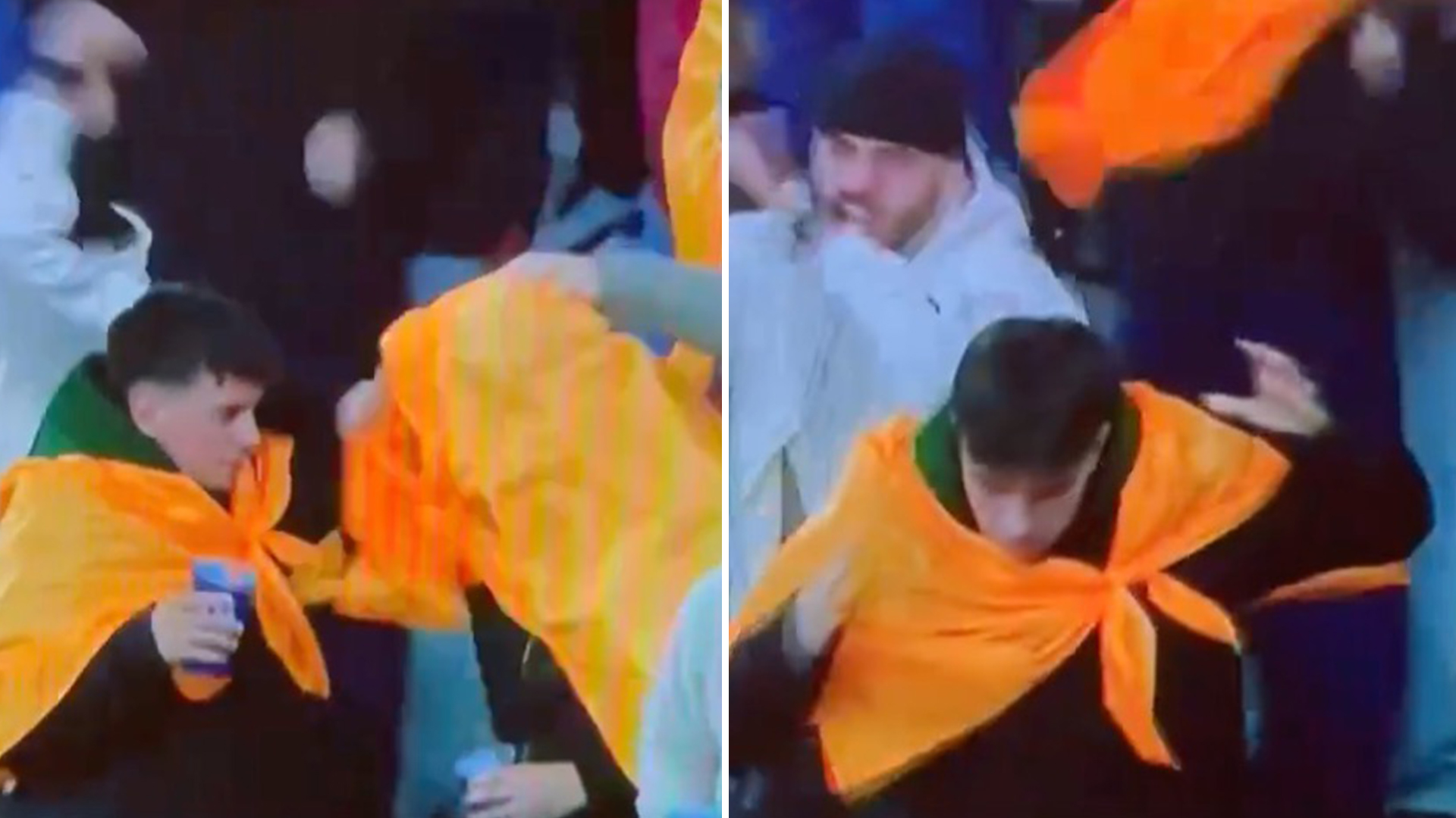 Shakhtar fan left gutted as mate knocks beer out of his hand during goal celebration