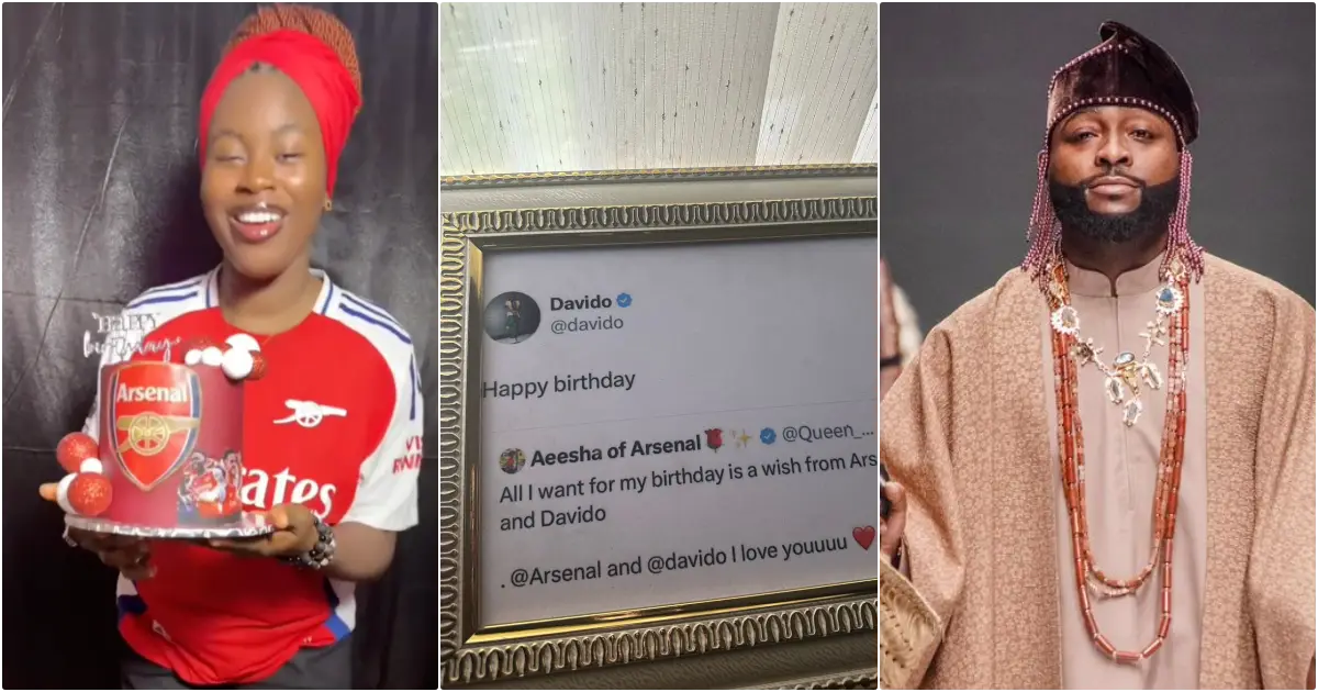 Arsenal fan frames 'tweet' as Davido makes her birthday wish come true