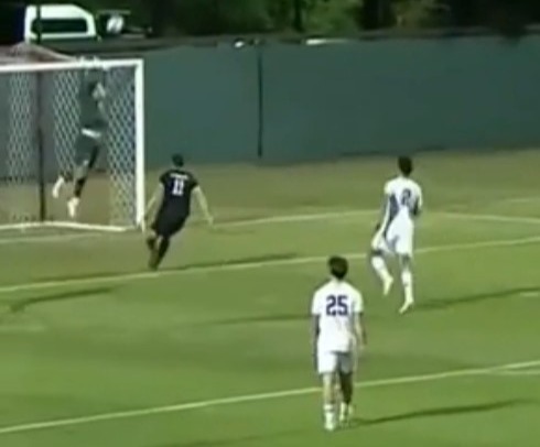 A player's long kick from his own half soared into the back of the net