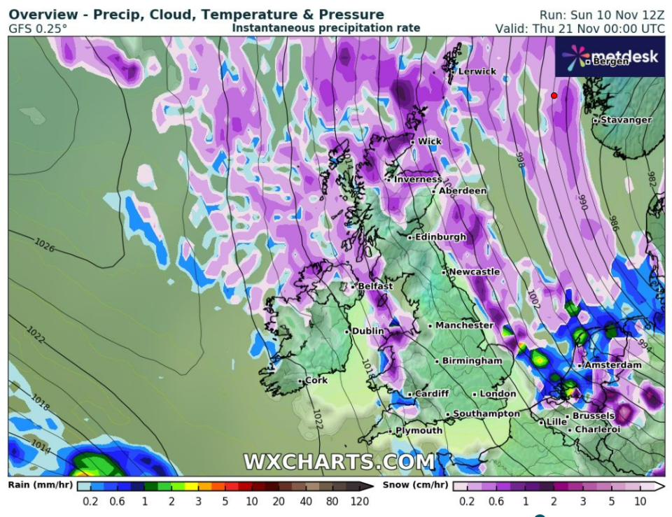 Charts show the first of the winter snowfall could arrive in the coming weeks