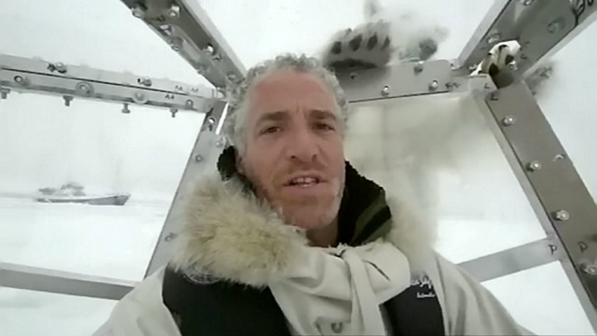 He comes face-to-face with a polar bear.