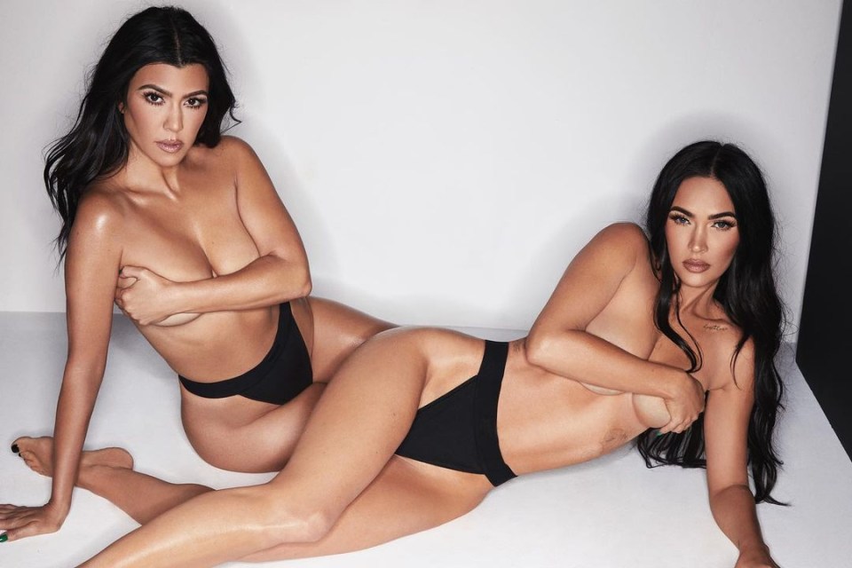 Megan poses topless alongside Kourtney Kardashian for Skims