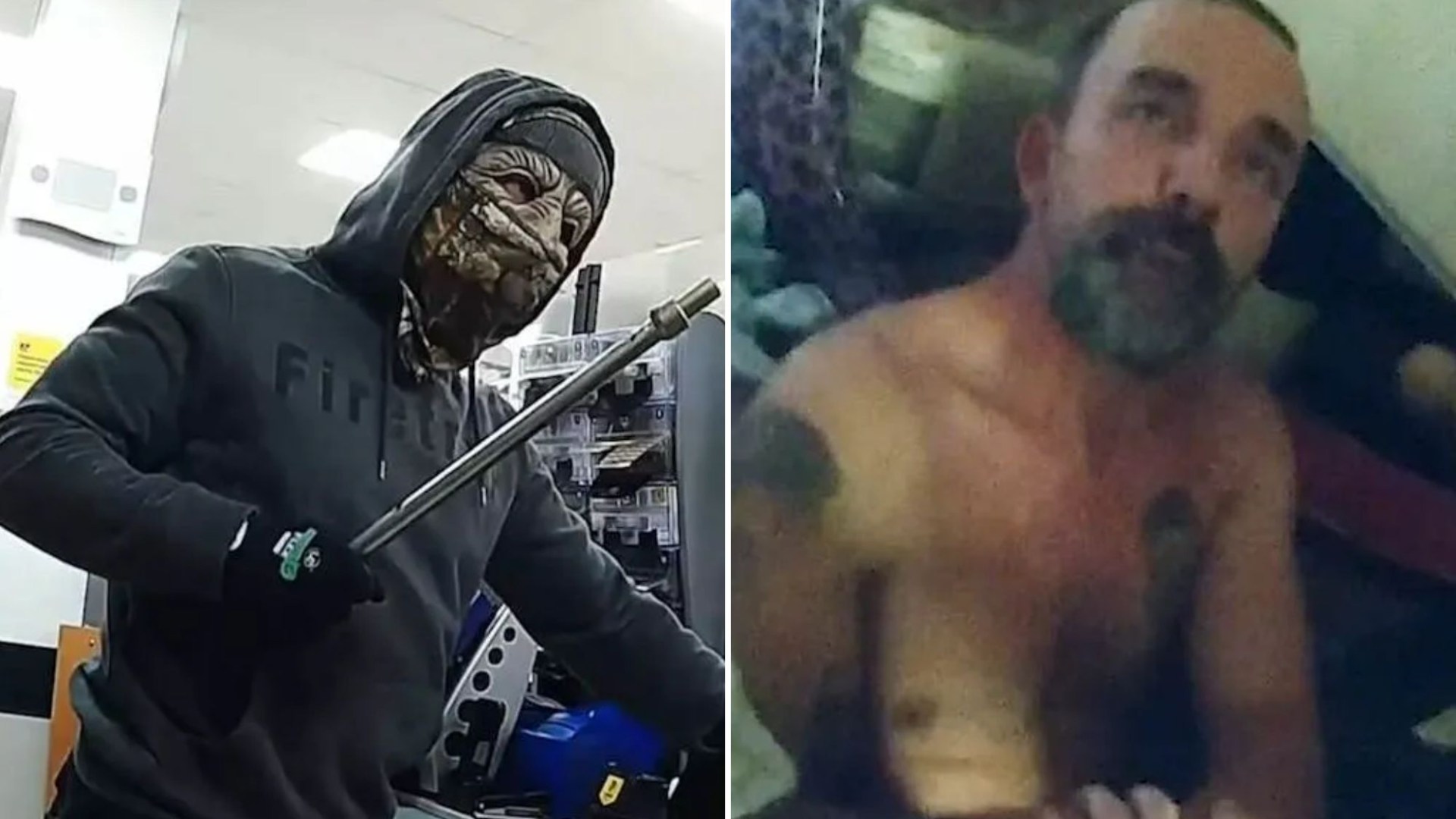 Moment armed robber in HALLOWEEN mask grabs cash from Morrisons & Co-op - before cops find him hiding under duvet