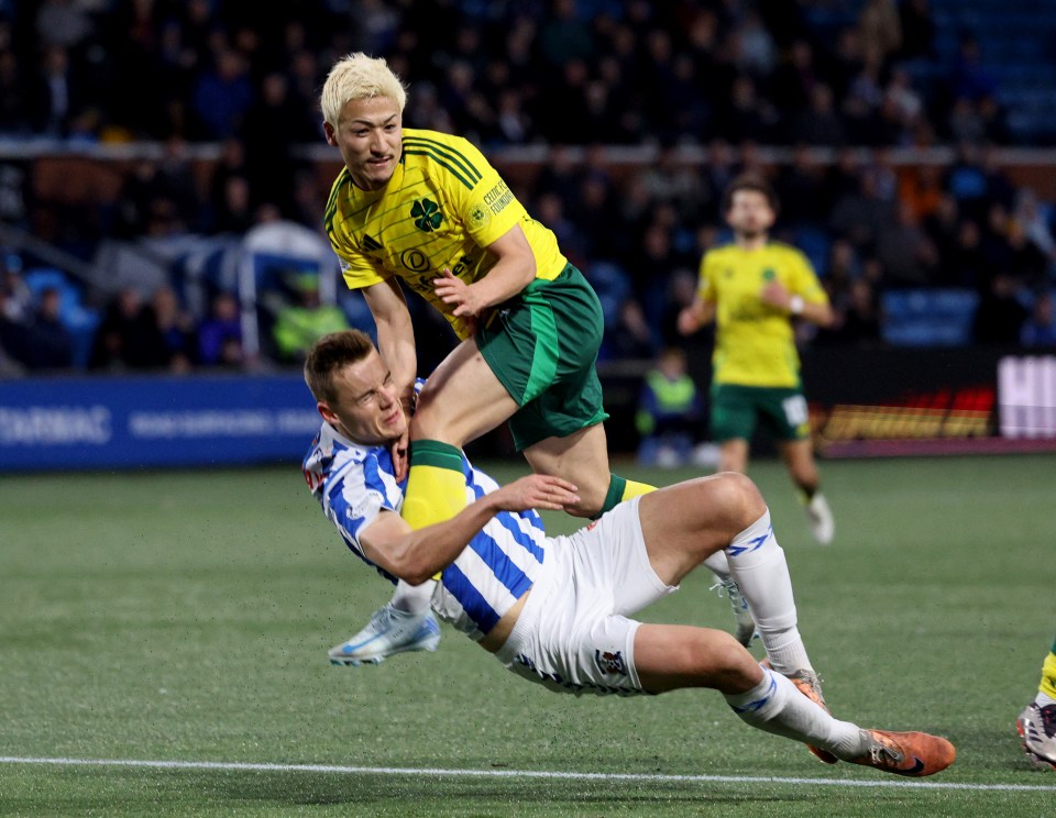 Celtic’s Daizen Maeda is fouled by Kilmarnock’s Lewis Mayo