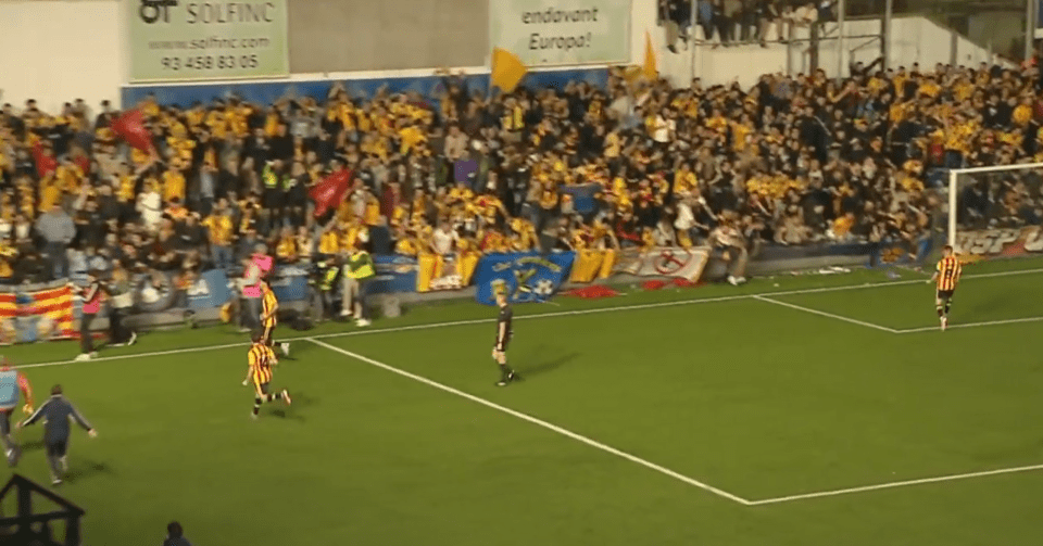 The barriers couldn't take the pressure as Sant Andreu fans celebrated a goal