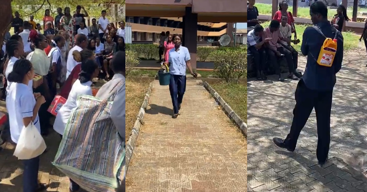 "Who be that one wey carry pot" – Nigerian students get creative on 'No Bag Day', show up with unusual carriers (WATCH)