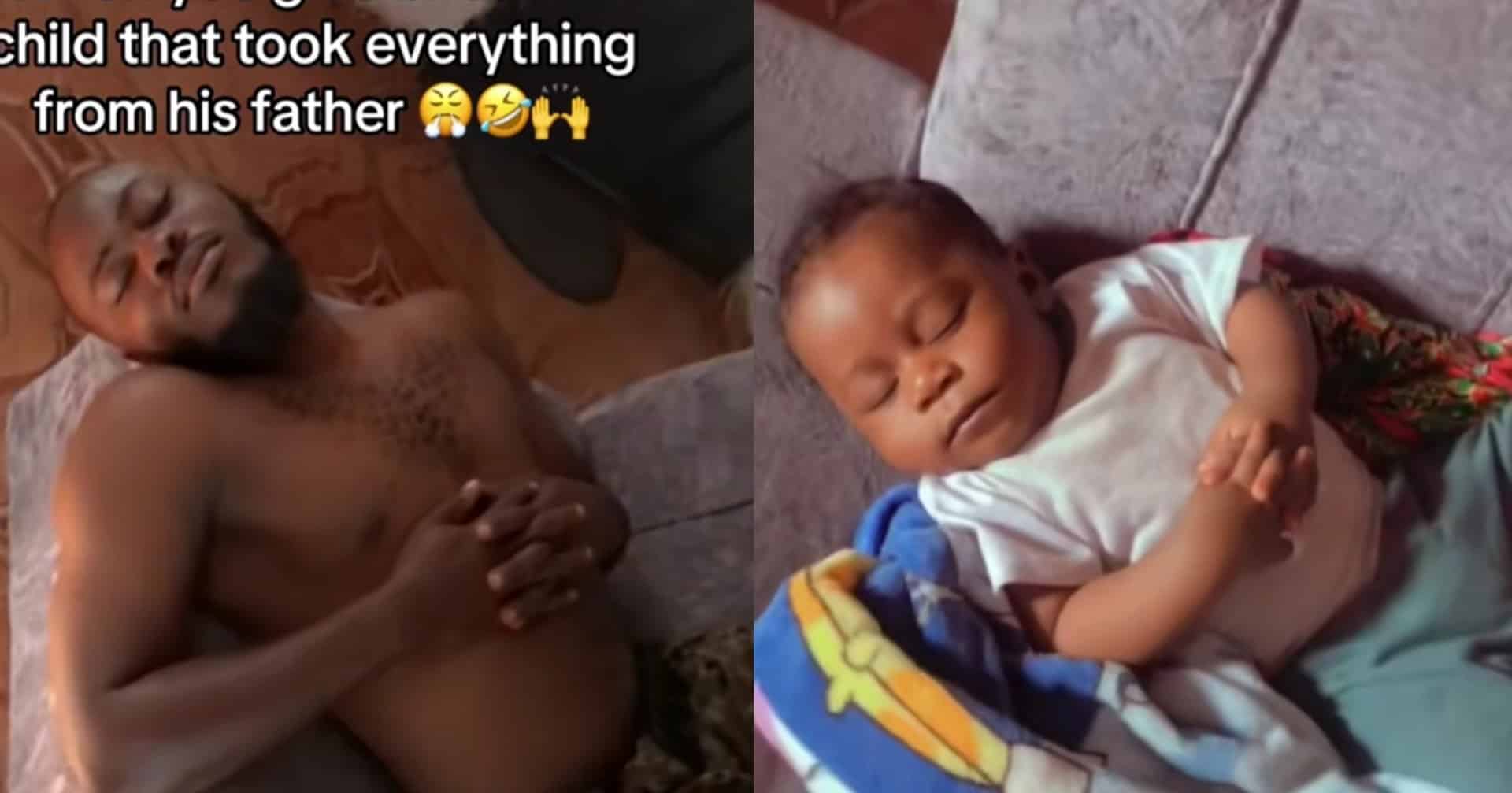 Mom surprised as son adopts same sleeping position as his father