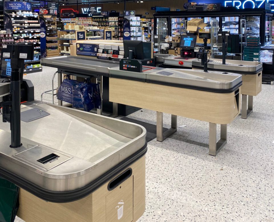 The self-checkouts are designed to accommodate larger trolley shops