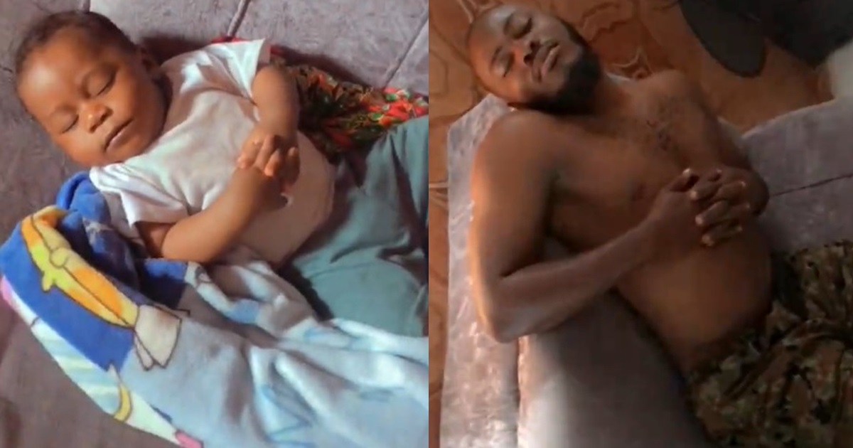 "This child just took everything from his dad" – Nigerian mum stúns as son adopts father's sleeping posture (Video)