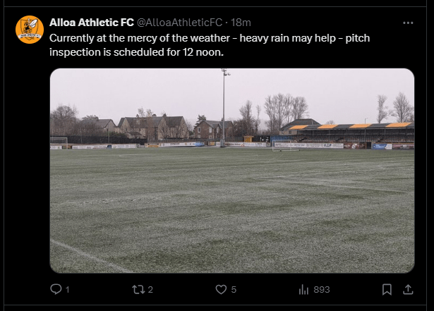 A pitch inspection is scheduled at Alloa's Indodrill Stadium