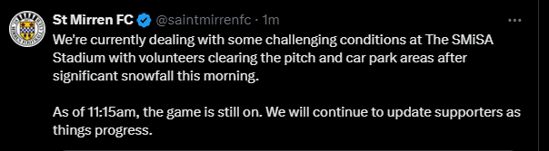 St Mirren have asked for volunteers to help clearing the pitch and the car park