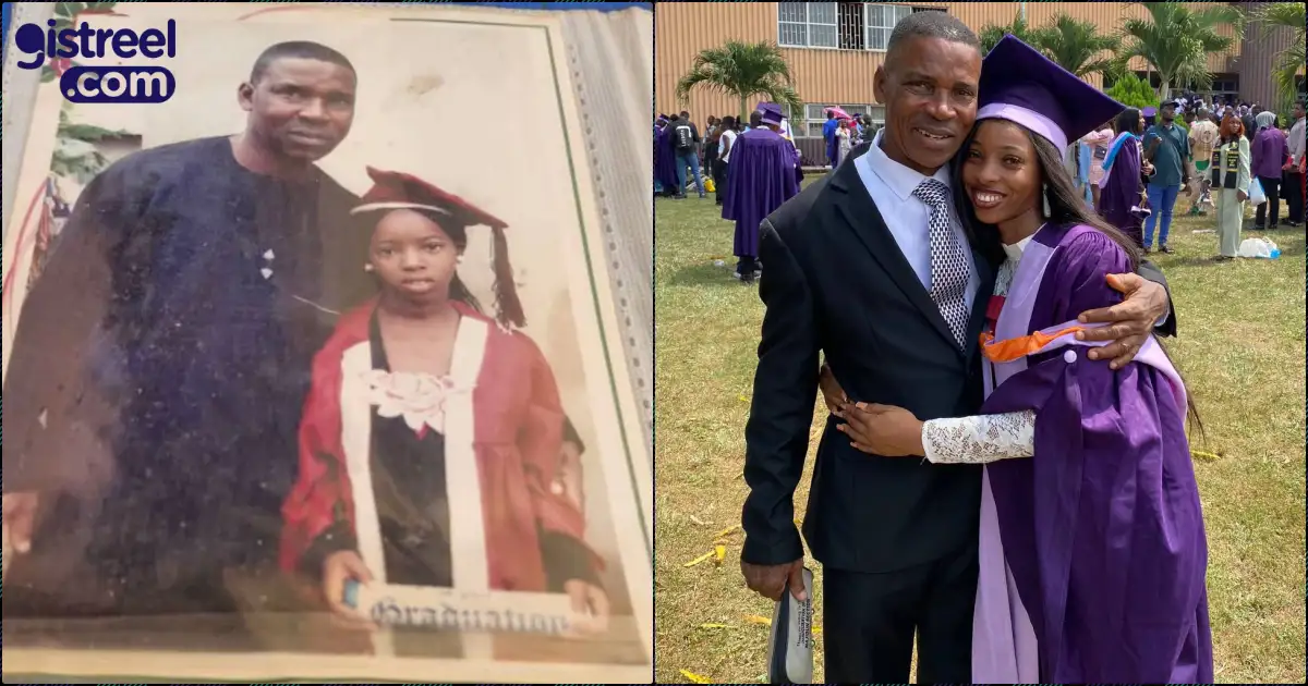 UNIBEN student celebrates graduation, recreates old photo with her father