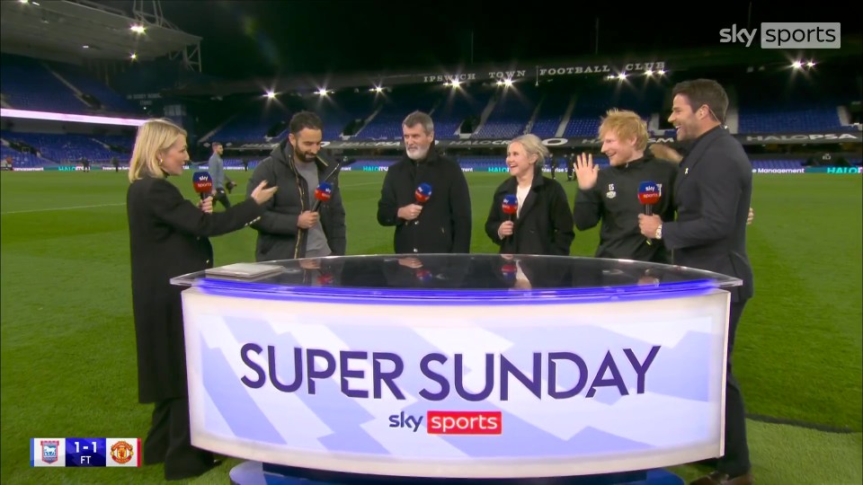 Sheeran popped into to say hello to the Sky Sports pundits after Ipswich drew with Man Utd