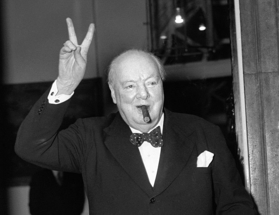 Prime Minister Winston Churchill celebrating victory over the Nazis