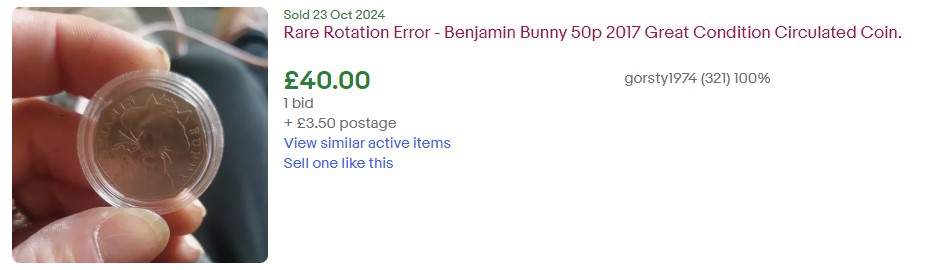 One Benjamin Bunny coin with a rotation error has sold on eBay for £40