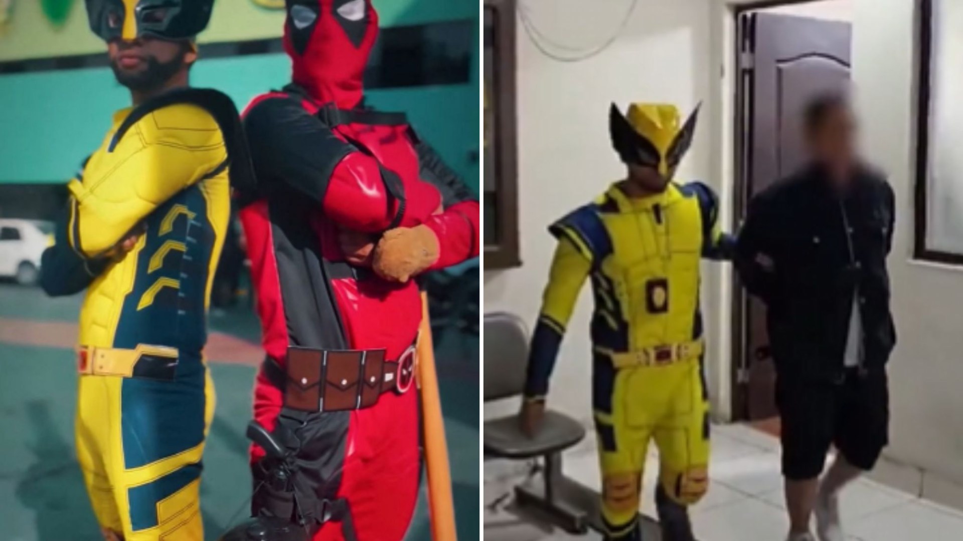 Bizarre moment cops dressed as Wolverine and Deadpool bust drug gang as they raid building & march suspects down street