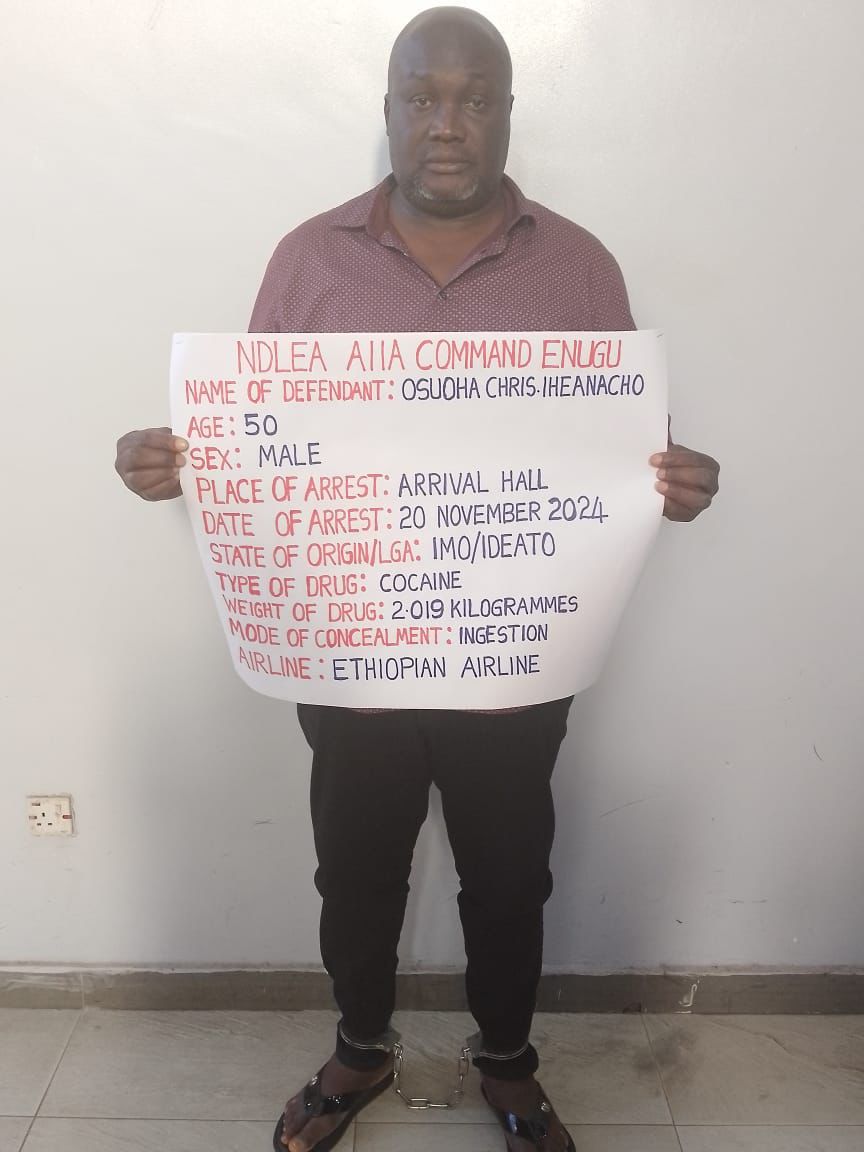 NDLEA Arrests Businessman At Enugu Airport For Ingesting 90 Wraps Of Cocaine