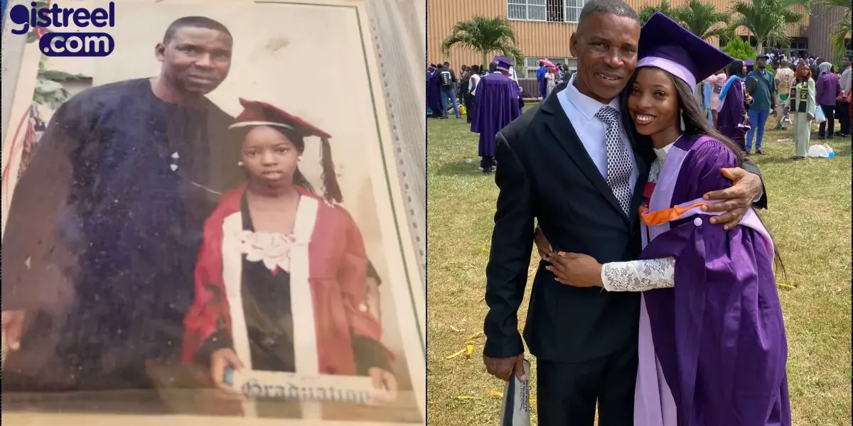 UNIBEN student celebrates graduation, recreates old photo with her father