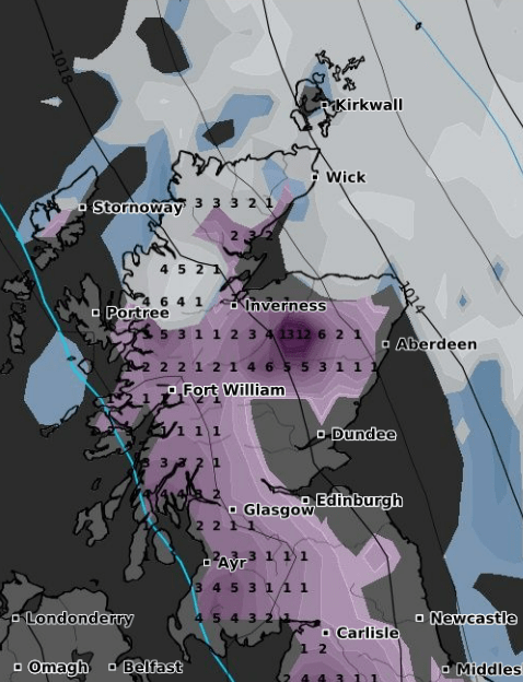 Snow will blanket much of the west coast and Aberdeenshire