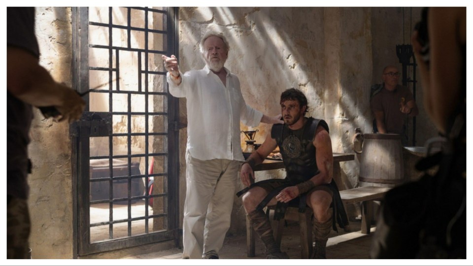 Ridley Scott gives director to Paul Mescal on the set of Gladiator II.