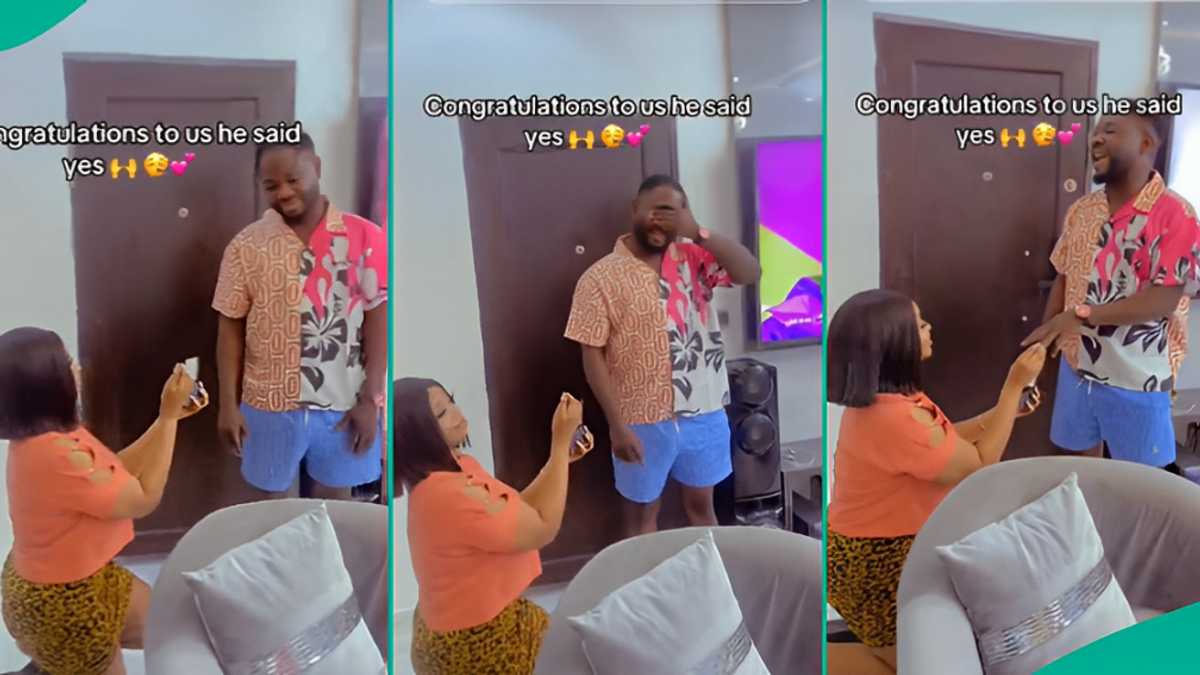 Lady Kneels To Propose To Her Man, Many React as He Accepts Her Ring in Viral Video