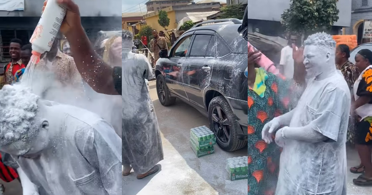 "Did he give birth to a car?" – Man buys a new car, gets showered with baby powder to celebrate (WATCH)