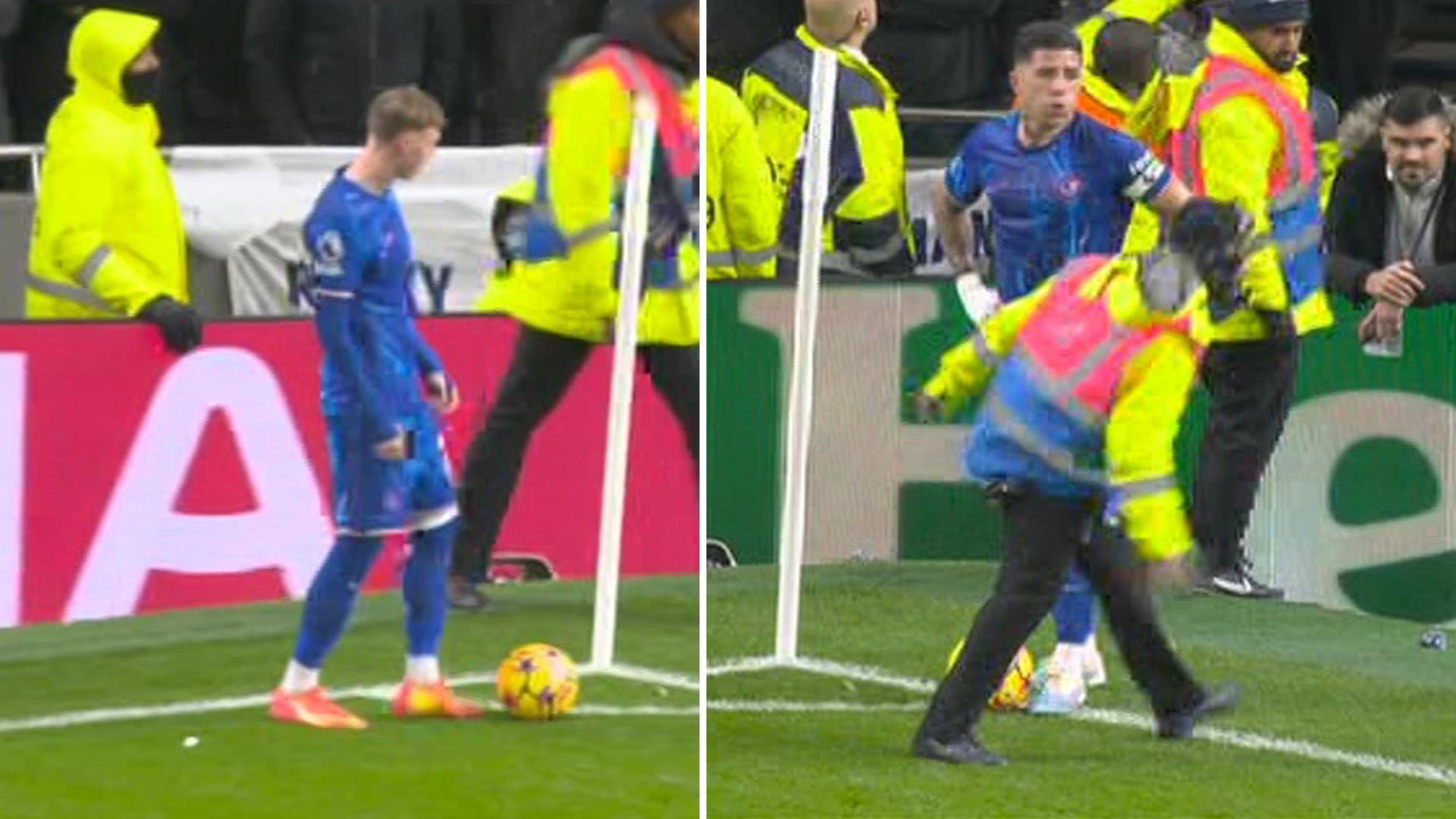 Chelsea stars Cole Palmer and Enzo Fernandez pelted with missiles from stands during Tottenham clash