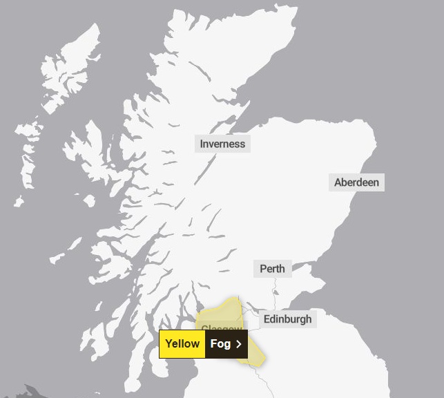 The Met Office has slapped the west of Scotland with a yellow weather warning for fog