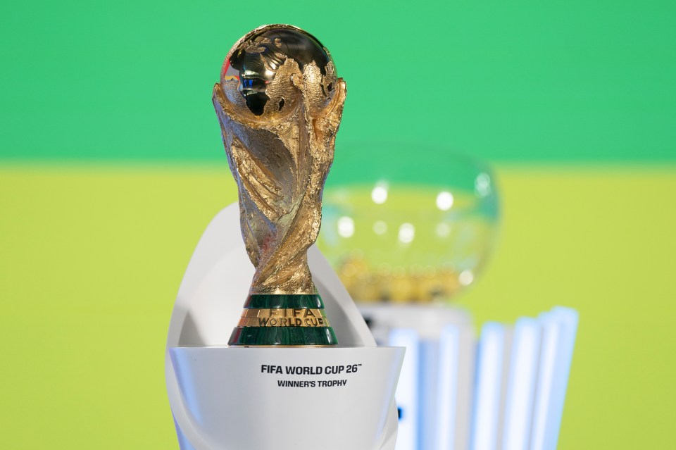 The World Cup trophy is seen before the UEFA Preliminary Draw